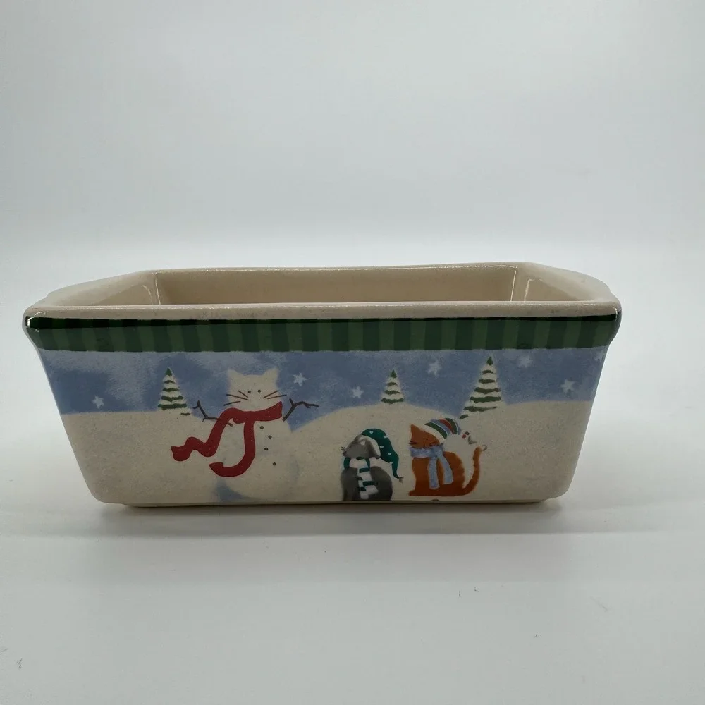 Vtg Garden Ridge Christmas Cats Mini Loaf Pan Ceramic Winter Baking Dish Holiday